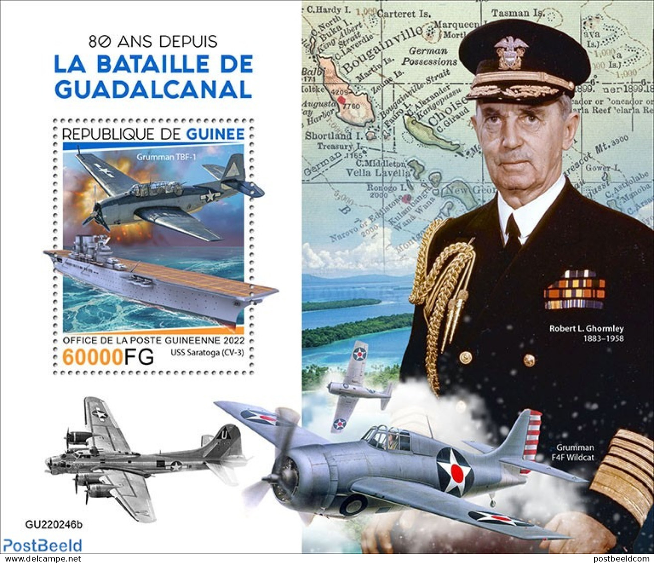 Guinea, Republic 2022 80 Years Since The Battle Of Guadalcanal, Mint NH, History - Transport - Various - World War II .. - 2. Weltkrieg