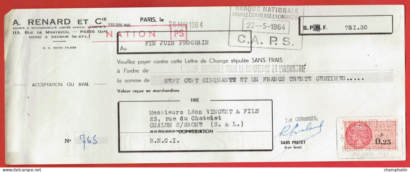 Lettre De Change De Paris (75) Pour Chalon-sur-Saône (71) - 20 Mai 1964 - Ets A. Renard & Cie - Timbre TF N°428 - Wechsel