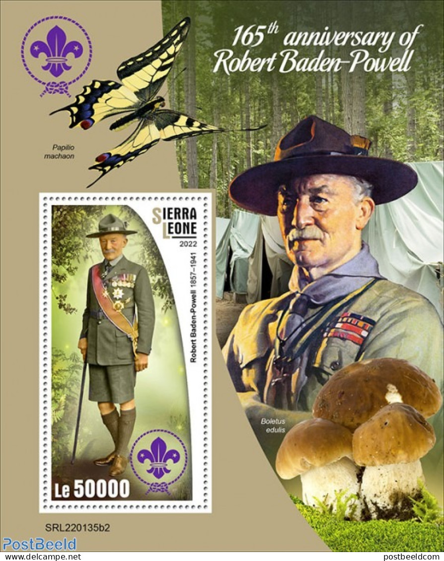 Sierra Leone 2022 165th Anniversary Of Robert Baden-Powell, Mint NH, Nature - Sport - Butterflies - Mushrooms - Scouting - Mushrooms