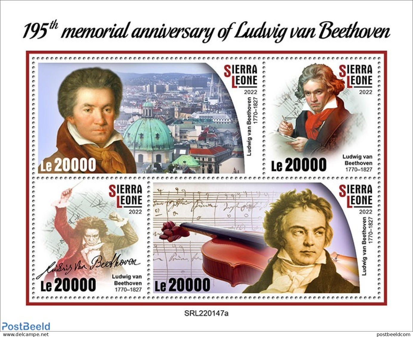 Sierra Leone 2022 195th Memorial Anniversary Of Ludwig Van Beethoven, Mint NH, Performance Art - Music - Musical Instr.. - Música