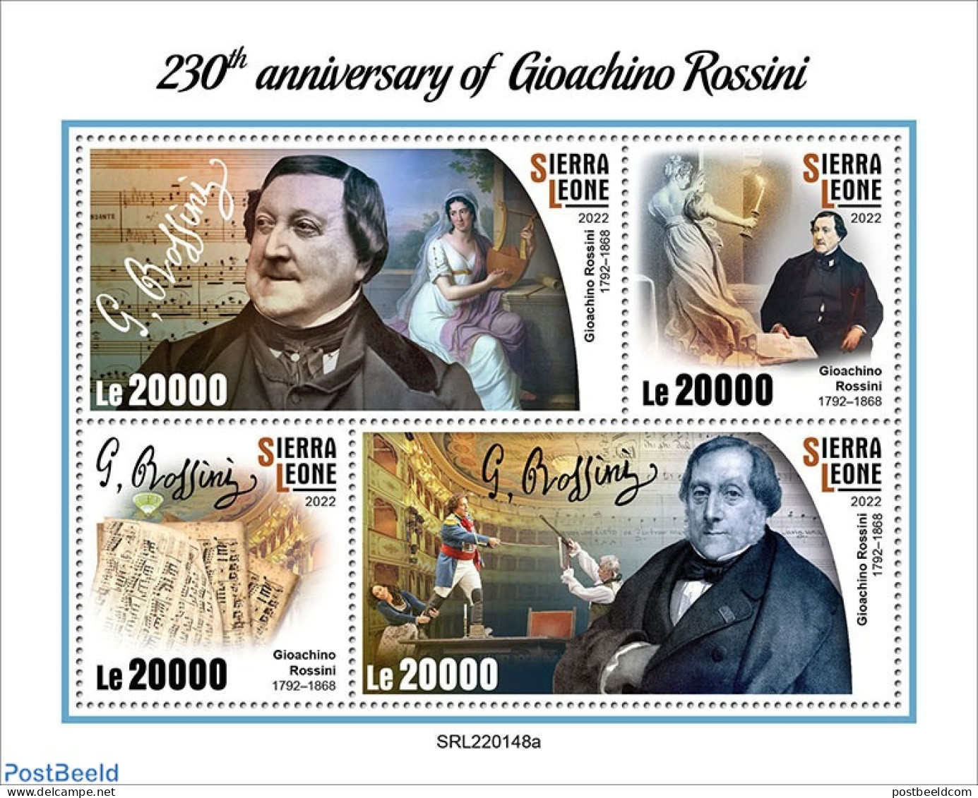 Sierra Leone 2022 230th Anniversary Of Gioachino Rossini, Mint NH, Performance Art - Music - Art - Composers - Musique
