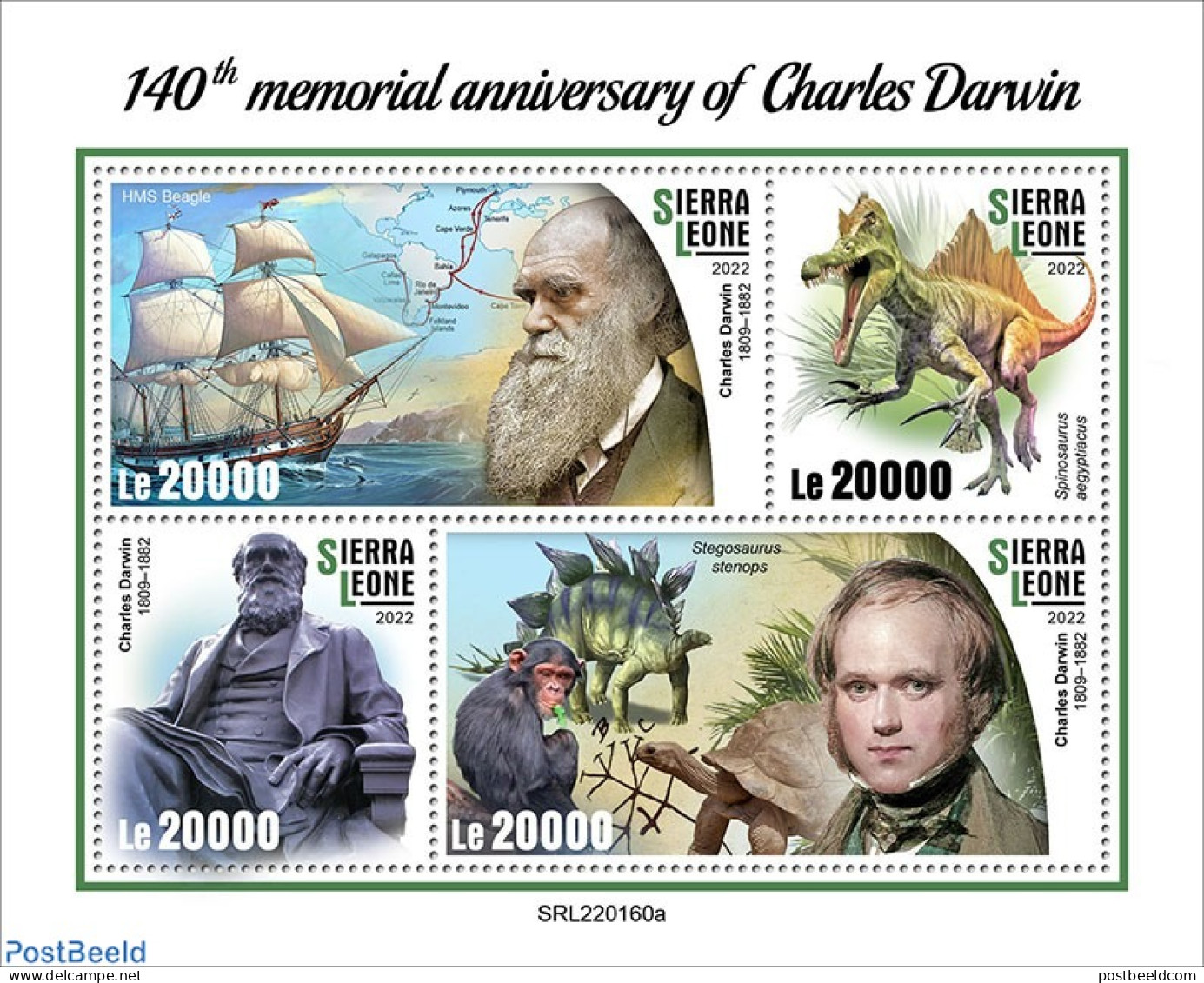 Sierra Leone 2022 140th Memorial Anniversary Of Charles Darwin, Mint NH, Nature - Transport - Prehistoric Animals - Sh.. - Préhistoriques