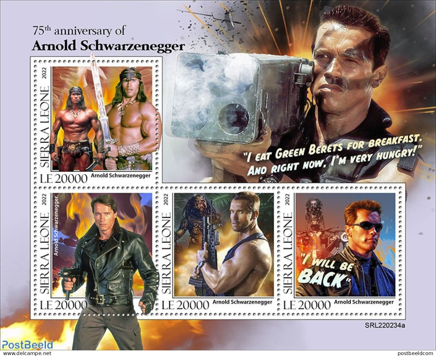 Sierra Leone 2022 75th Anniversary Of Arnold Schwarzenegger, Mint NH, Performance Art - Movie Stars - Schauspieler
