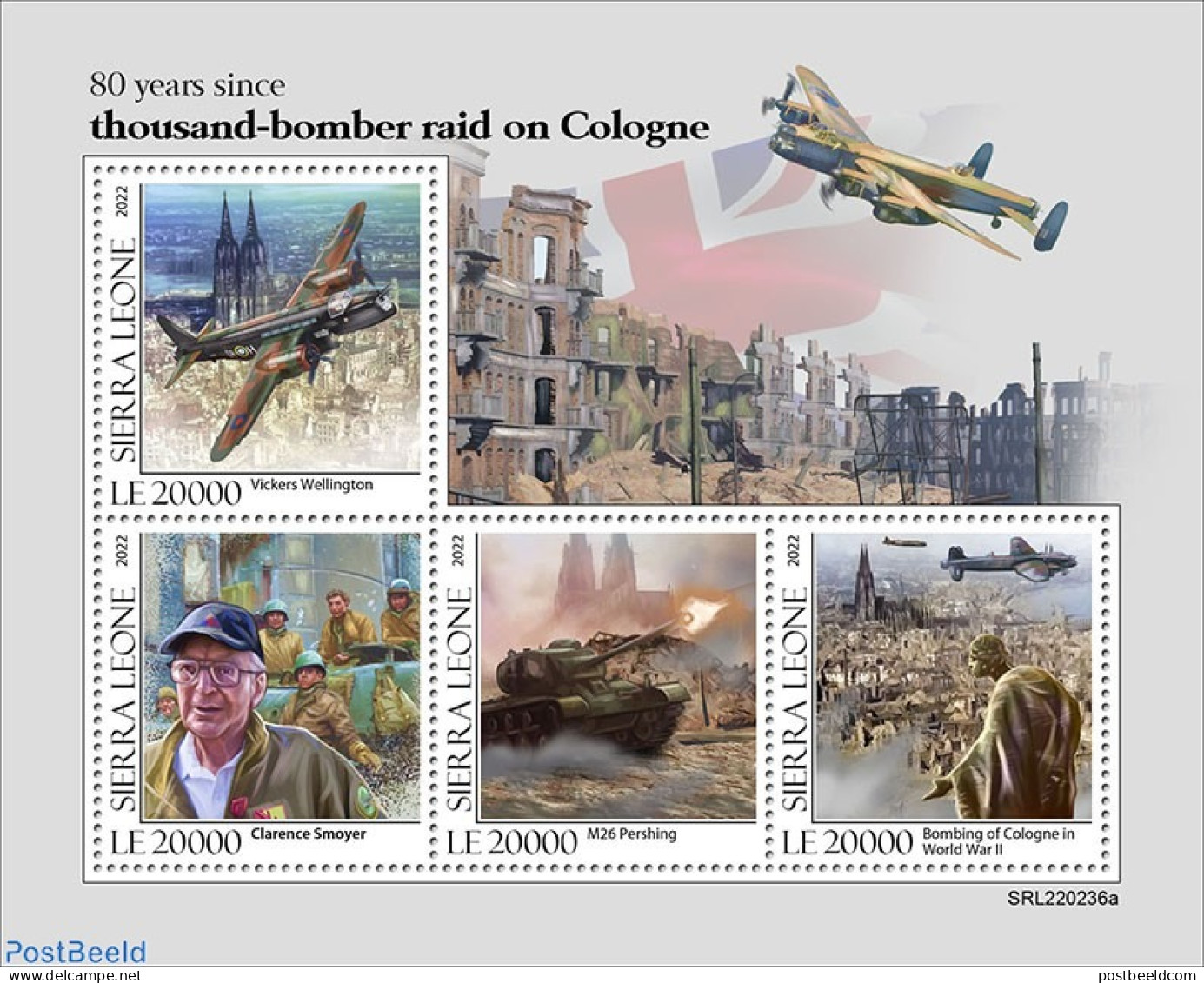 Sierra Leone 2022 80 Years Since Thousand-bomber Raid On Cologne, Mint NH, History - Transport - World War II - Aircra.. - Guerre Mondiale (Seconde)