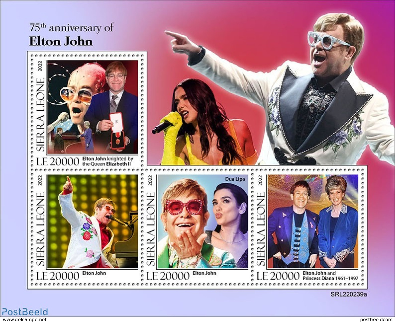 Sierra Leone 2022 75th Anniversary Of Elton John, Mint NH, History - Performance Art - Charles & Diana - Music - Popul.. - Familias Reales