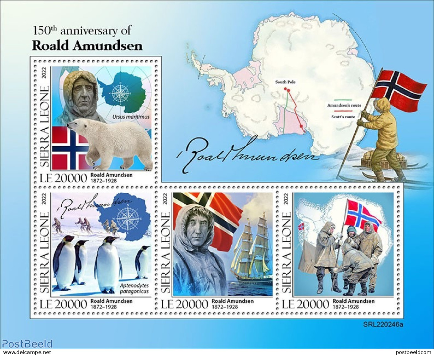 Sierra Leone 2022 150th Anniversary Of Roald Amundsen, Mint NH, History - Nature - Transport - Explorers - Flags - Pen.. - Explorateurs