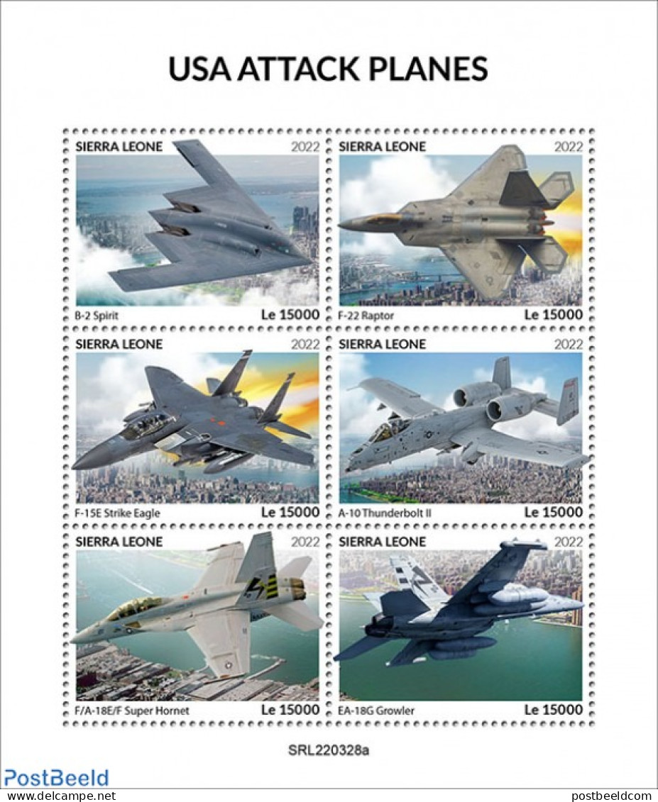 Sierra Leone 2022 USA Attack Planes, Mint NH, Transport - Aircraft & Aviation - Airplanes