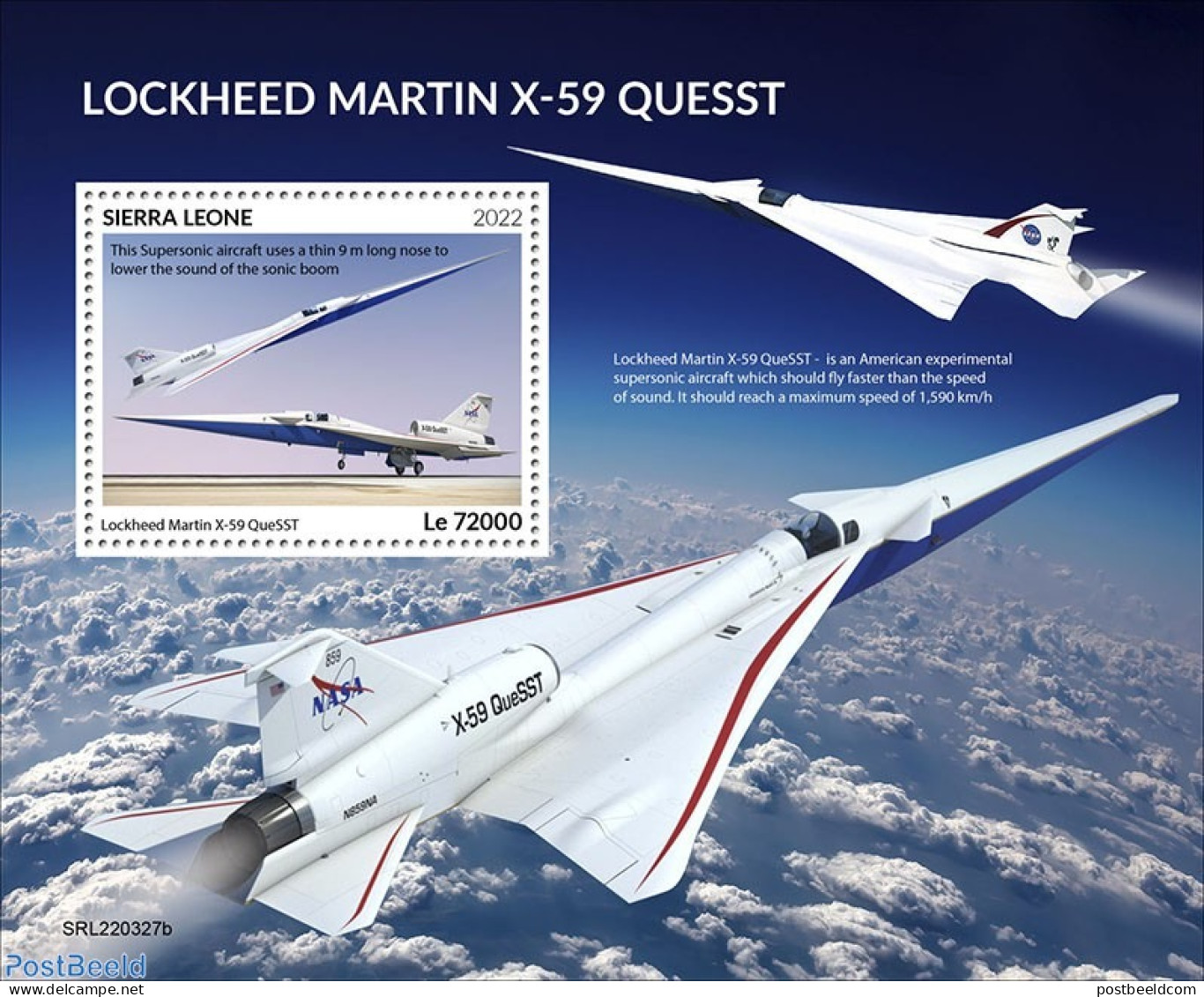 Sierra Leone 2022 Lockheed Martin X-59 Quesst, Mint NH, Transport - Aircraft & Aviation - Airplanes