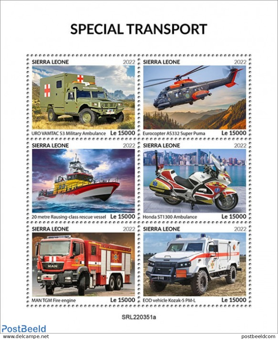 Sierra Leone 2022 Special Transport , Mint NH, Transport - Fire Fighters & Prevention - Helicopters - Motorcycles - Ai.. - Sapeurs-Pompiers
