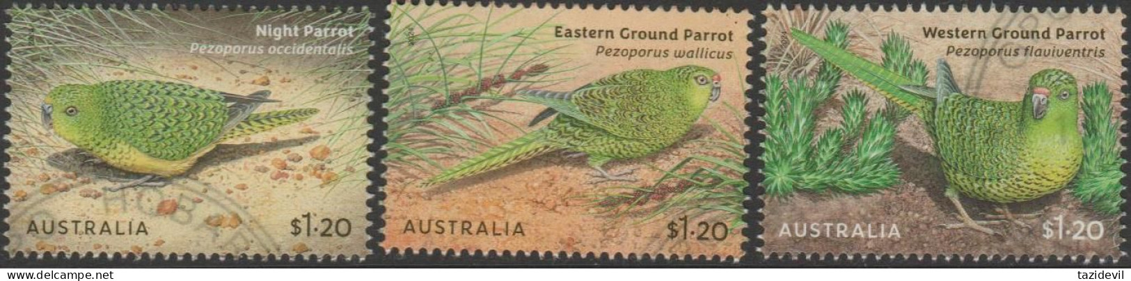 AUSTRALIA - USED 2024 $3.60 Australian Ground Parrots Set Of 3. Five Sets Available, Postmarks Will Vary - Oblitérés