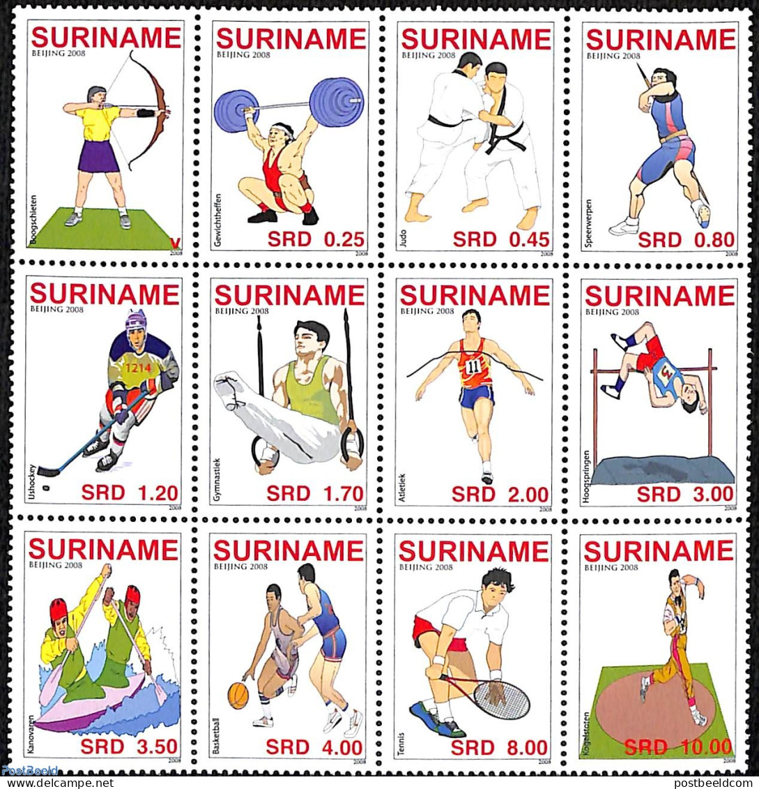 Suriname, Colony 2008 Olympic Games, Unissued, 12v, Mint NH, Sport - Ice Hockey - Judo - Olympic Games - Tennis - Weig.. - Hockey (Ice)