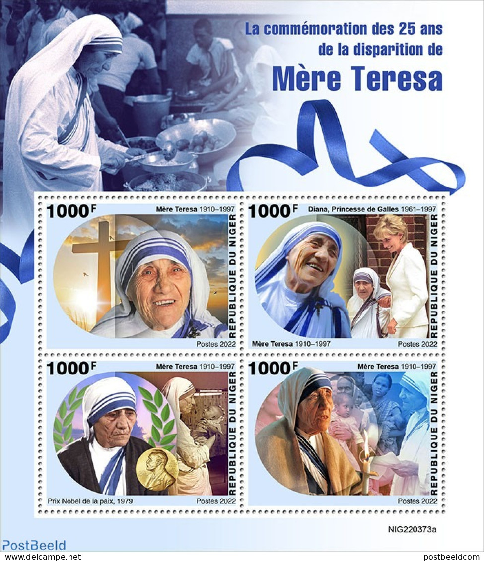 Niger 2022 25th Memorial Anniversary Of Mother Teresa, Mint NH, History - Charles & Diana - Nobel Prize Winners - Peace - Königshäuser, Adel