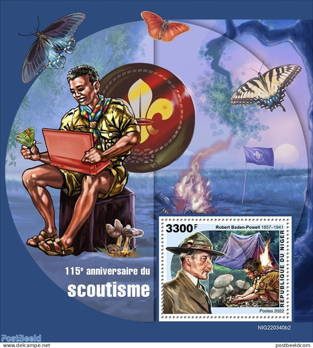 Niger 2022 115 Anniversary Of Scouts, Mint NH, Nature - Sport - Butterflies - Mushrooms - Scouting - Champignons