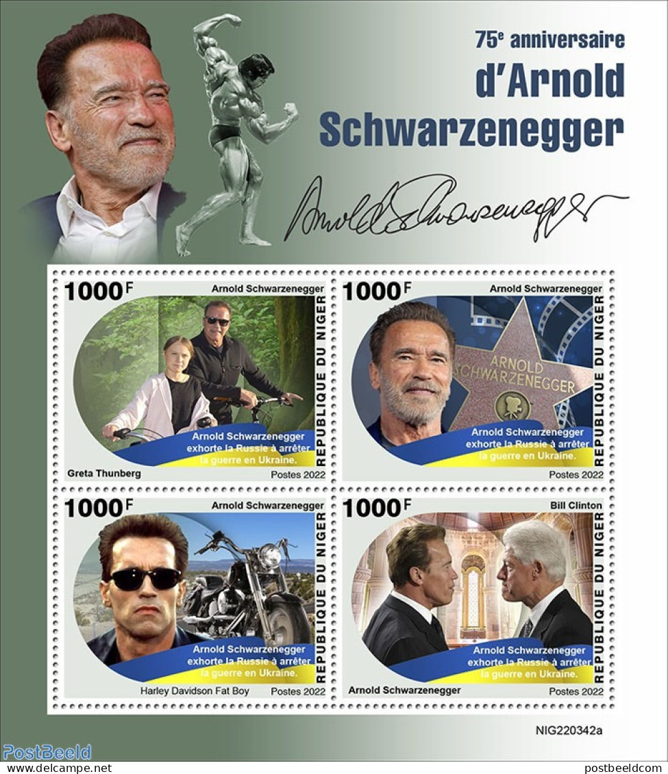Niger 2022 75th Anniversary Of Arnold Schwarzenegger, Mint NH, History - Performance Art - Sport - Transport - America.. - Schauspieler
