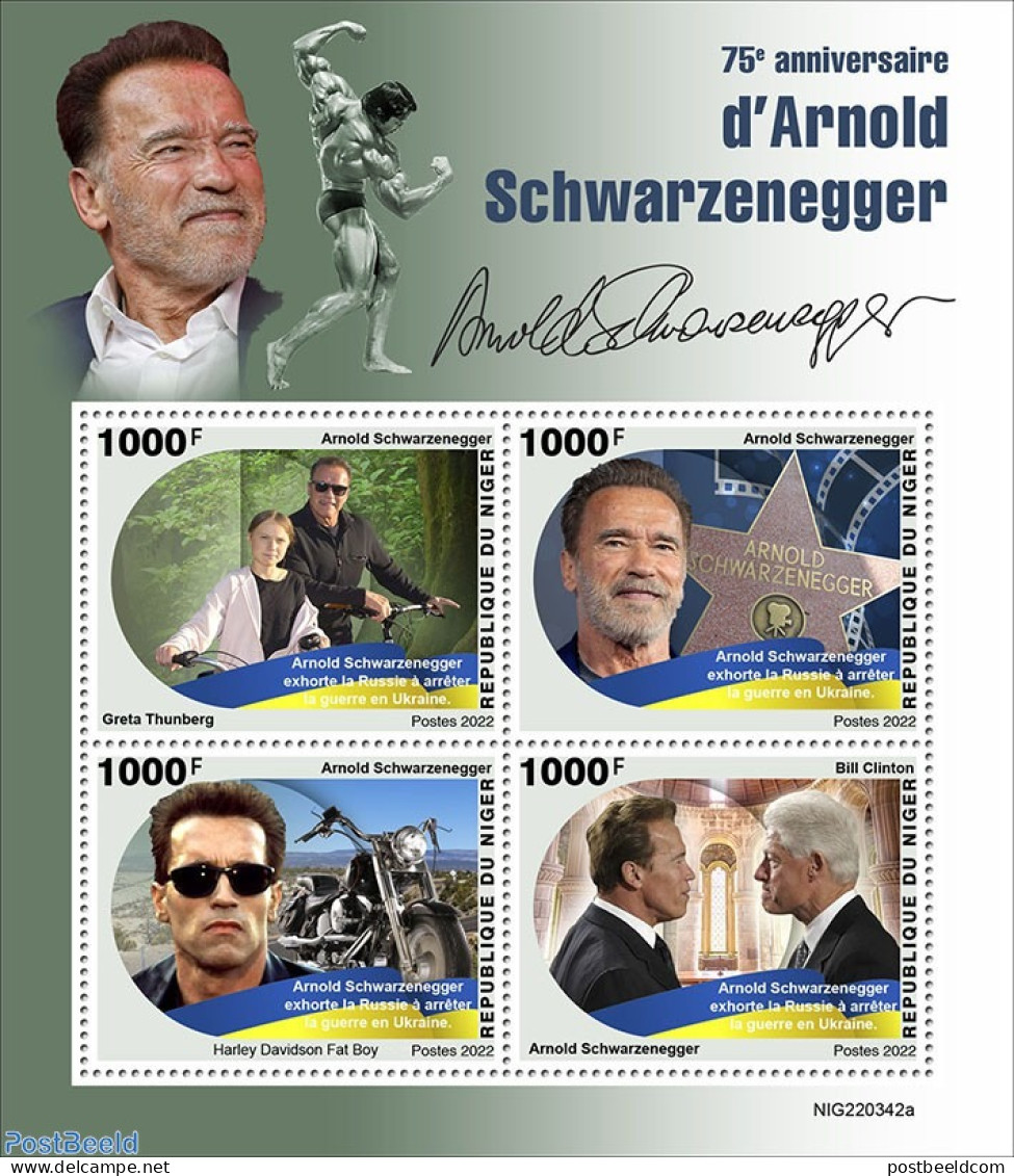 Niger 2022 75th Anniversary Of Arnold Schwarzenegger, Mint NH, History - Performance Art - Sport - Transport - America.. - Attori