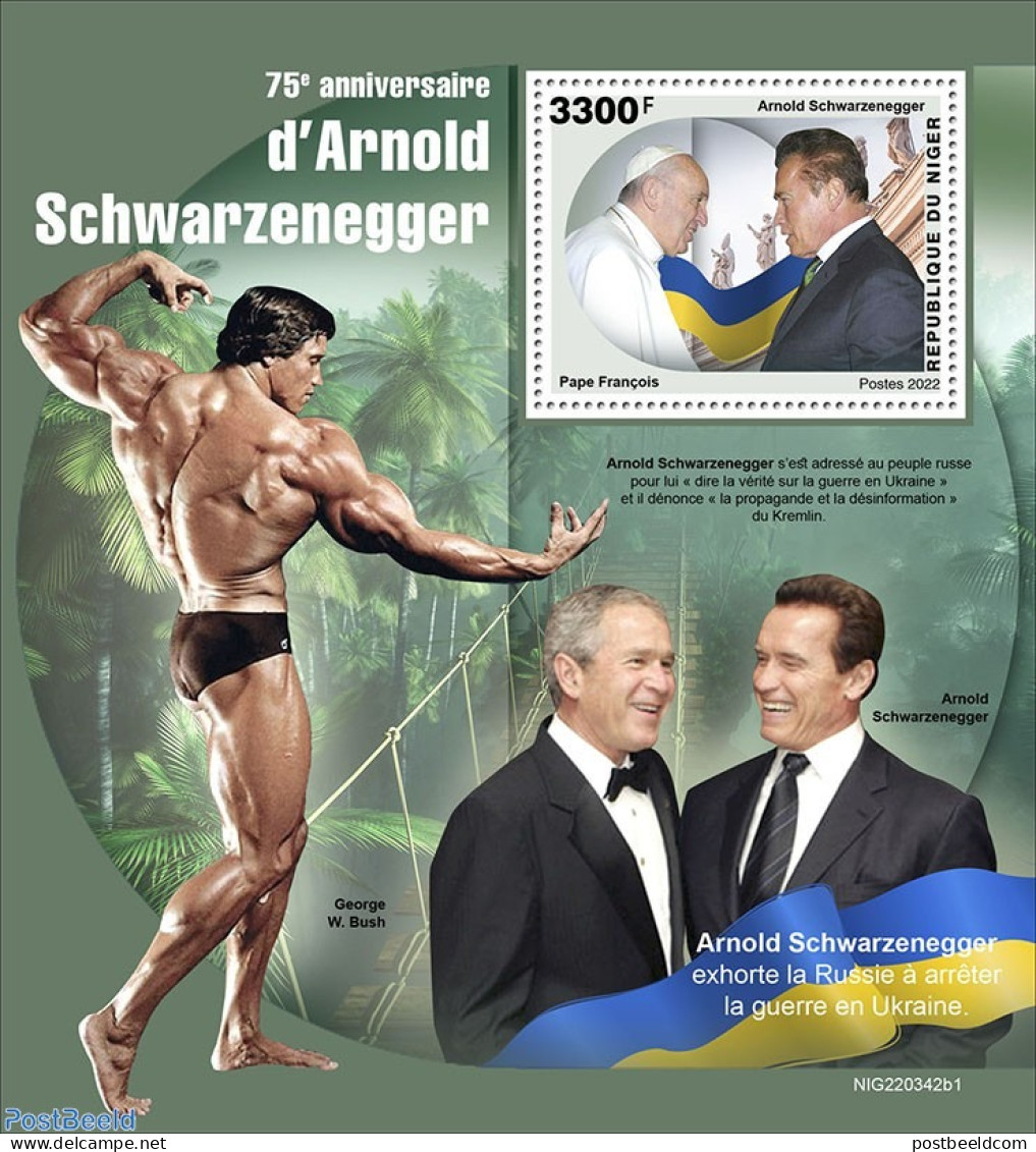 Niger 2022 75th Anniversary Of Arnold Schwarzenegger, Mint NH, History - Performance Art - Religion - Sport - American.. - Schauspieler