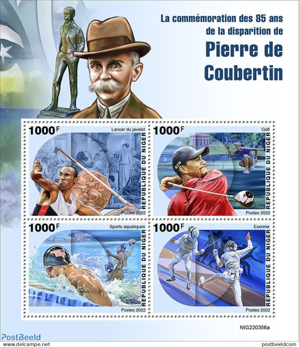 Niger 2022 85th Memorial Anniversary Of Pierre De Coubertin, Mint NH, Sport - Golf - Olympic Games - Swimming - Golf