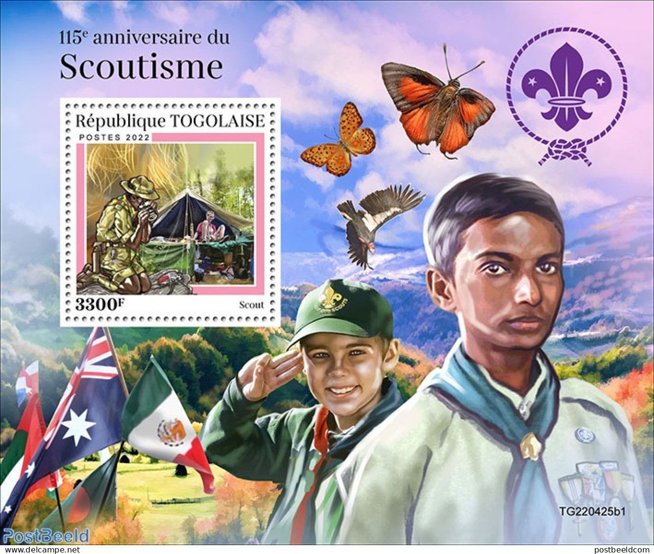 Togo 2022 115 Anniversary Of Scouts, Mint NH, History - Nature - Sport - Flags - Butterflies - Scouting - Togo (1960-...)