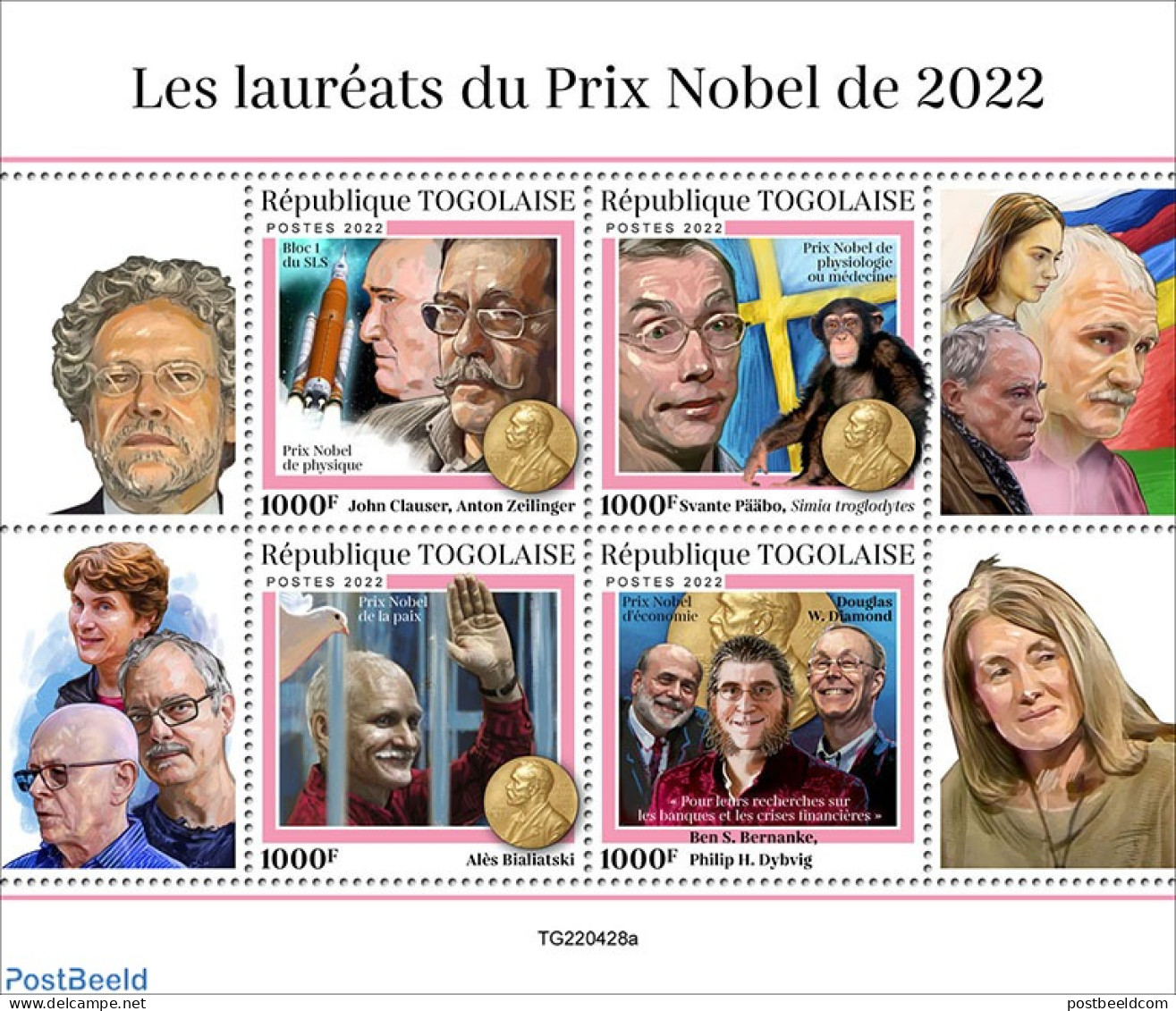 Togo 2022 Nobelprize Winners 2022, Mint NH, History - Nobel Prize Winners - Prix Nobel