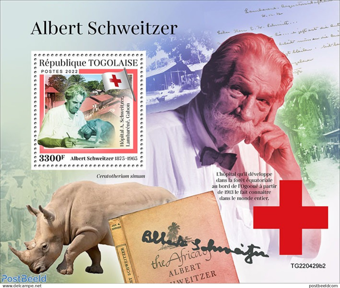 Togo 2022 Albert Schweitzer, Mint NH, Health - History - Nature - Red Cross - Nobel Prize Winners - Cats - Rhinoceros - Croce Rossa