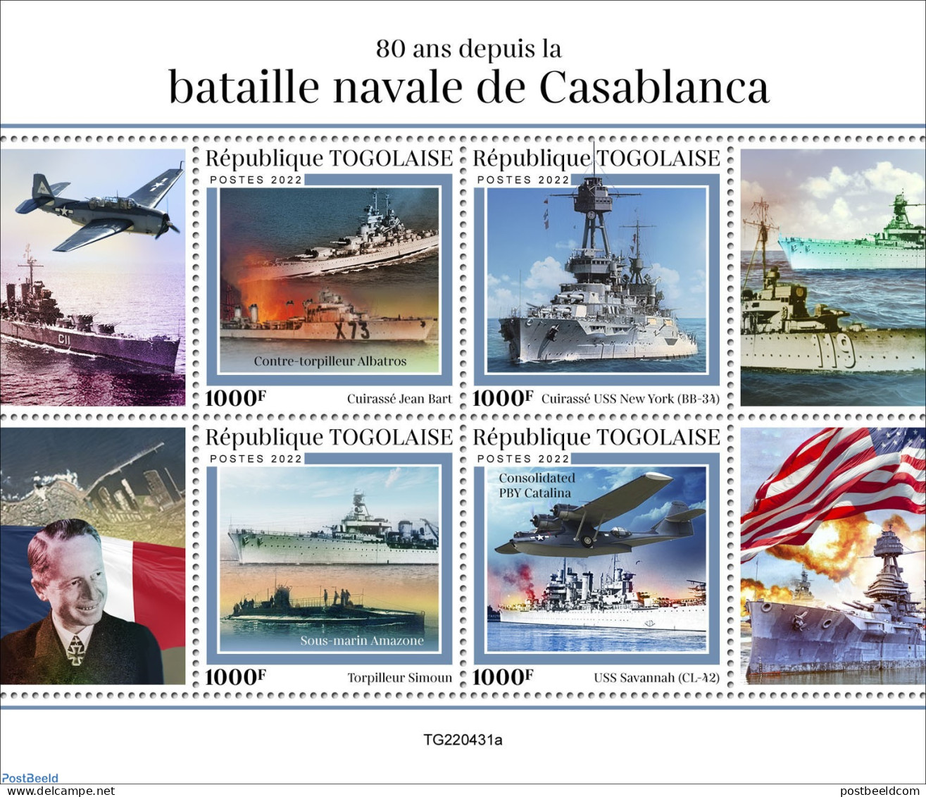 Togo 2022 80 Years Since The Battle Of Casablanca, Mint NH, History - Transport - Flags - World War II - Aircraft & Av.. - WW2