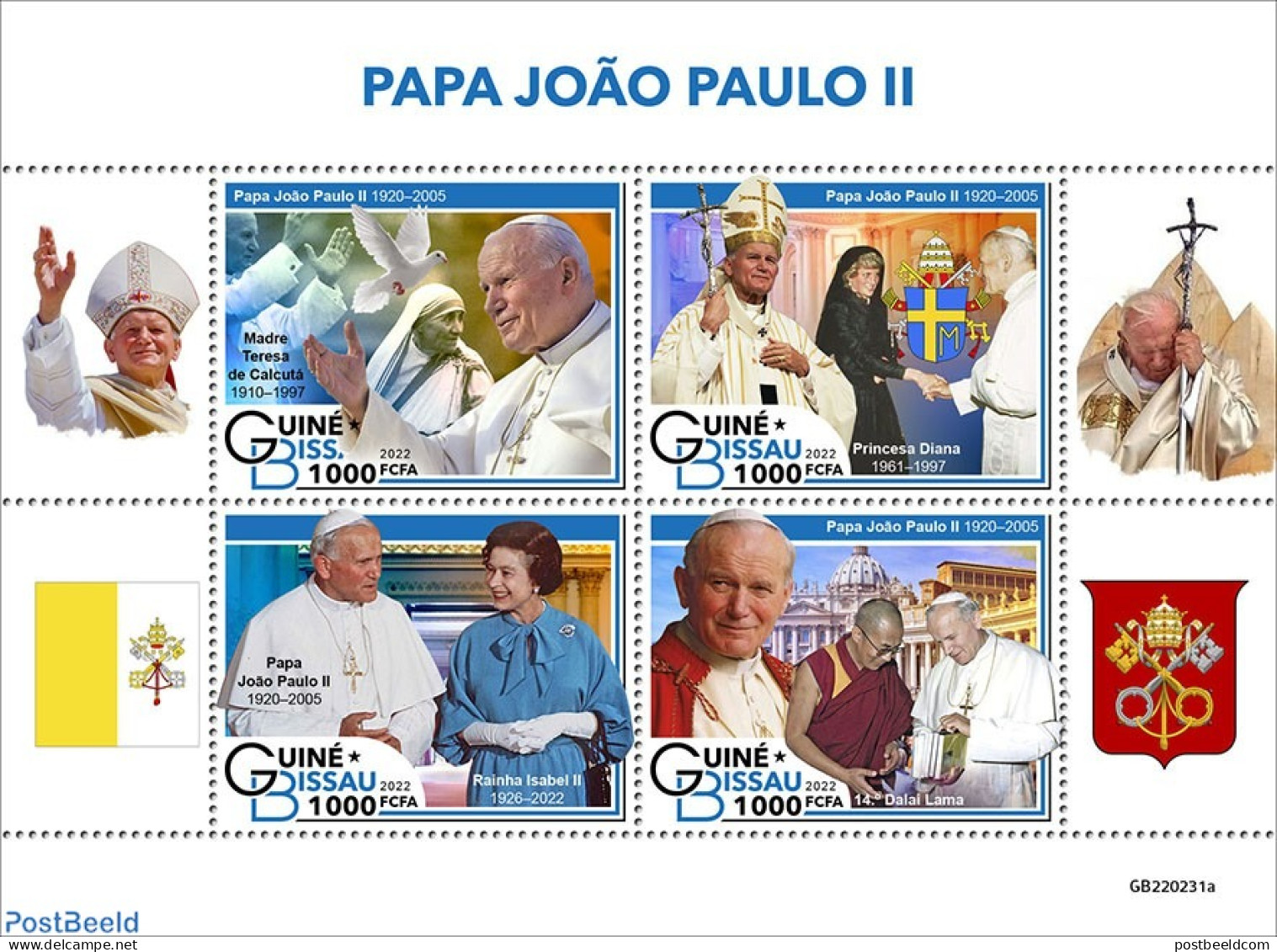Guinea Bissau 2022 Pope John Paul II, Mint NH, History - Religion - Charles & Diana - Pope - Royalties, Royals