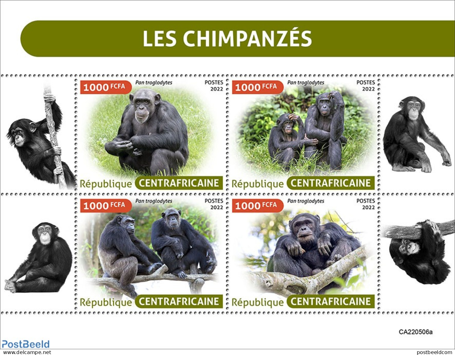 Central Africa 2022 Chimpanzees, Mint NH, Nature - Monkeys - Centrafricaine (République)