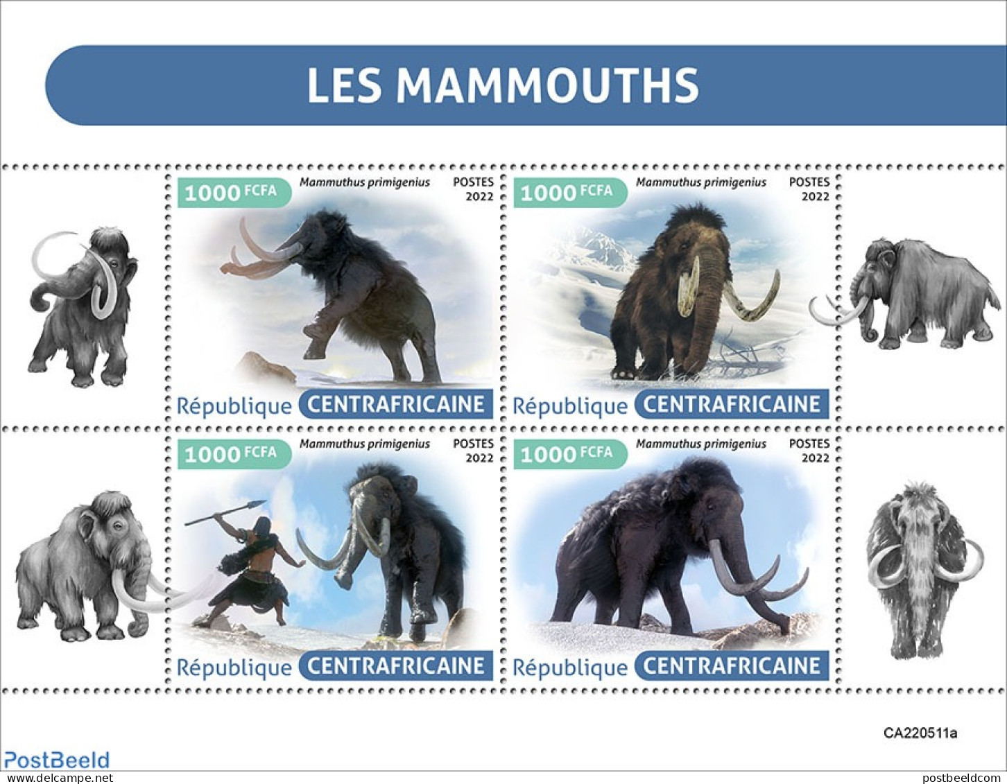 Central Africa 2022 Mammoths, Mint NH, Nature - Prehistoric Animals - Préhistoriques