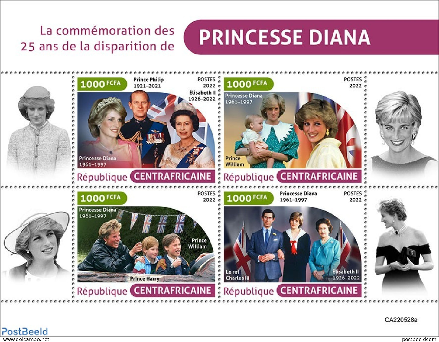 Central Africa 2022 25th Memorial Anniversary Of Princess Diana, Mint NH, History - Charles & Diana - Case Reali