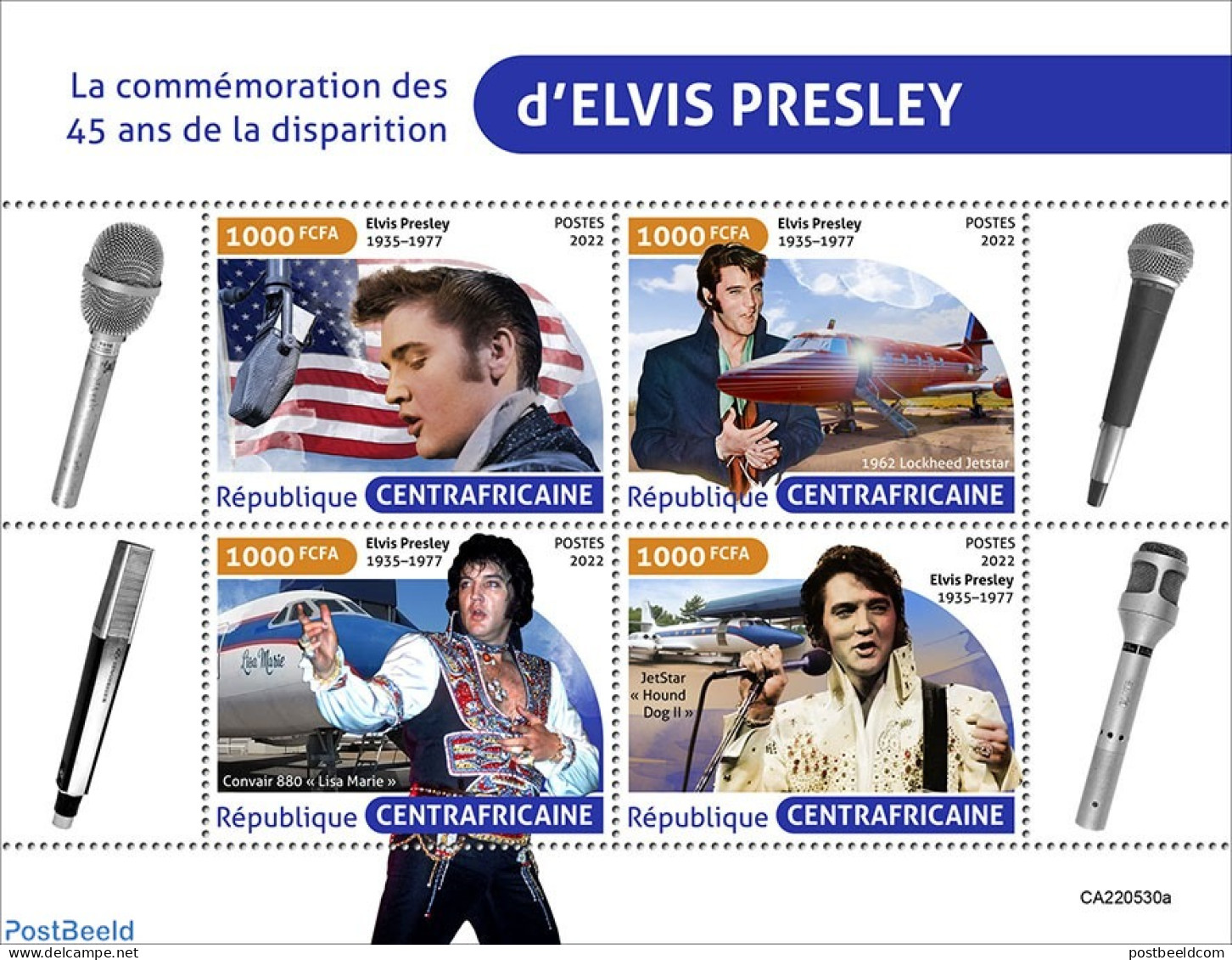 Central Africa 2022 45th Memorial Anniversary Of Elvis Presley, Mint NH, History - Performance Art - Transport - Flags.. - Elvis Presley