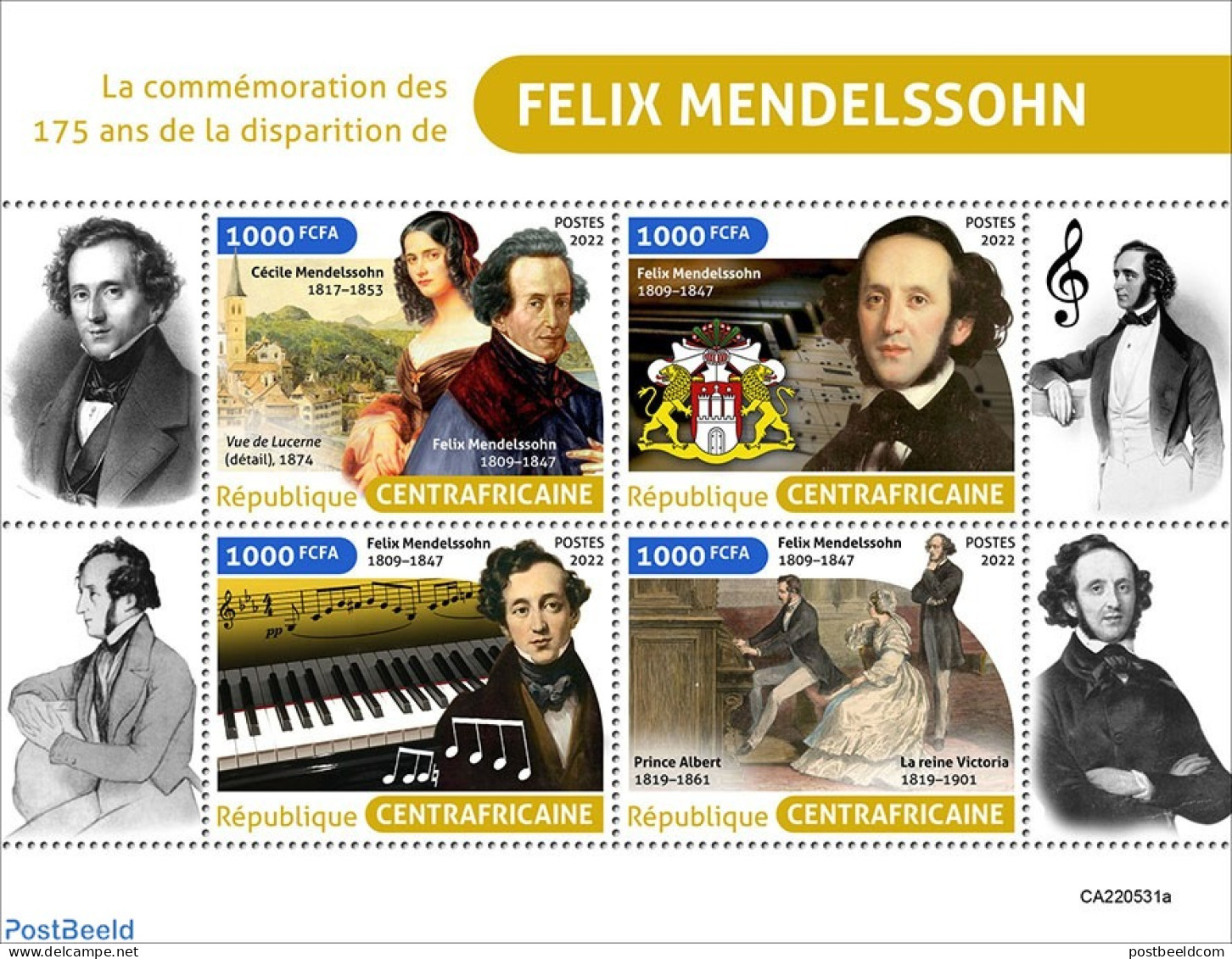 Central Africa 2022 175th Memorial Anniversary Of Felix Mendelssohn, Mint NH, Performance Art - Music - Musical Instru.. - Muziek