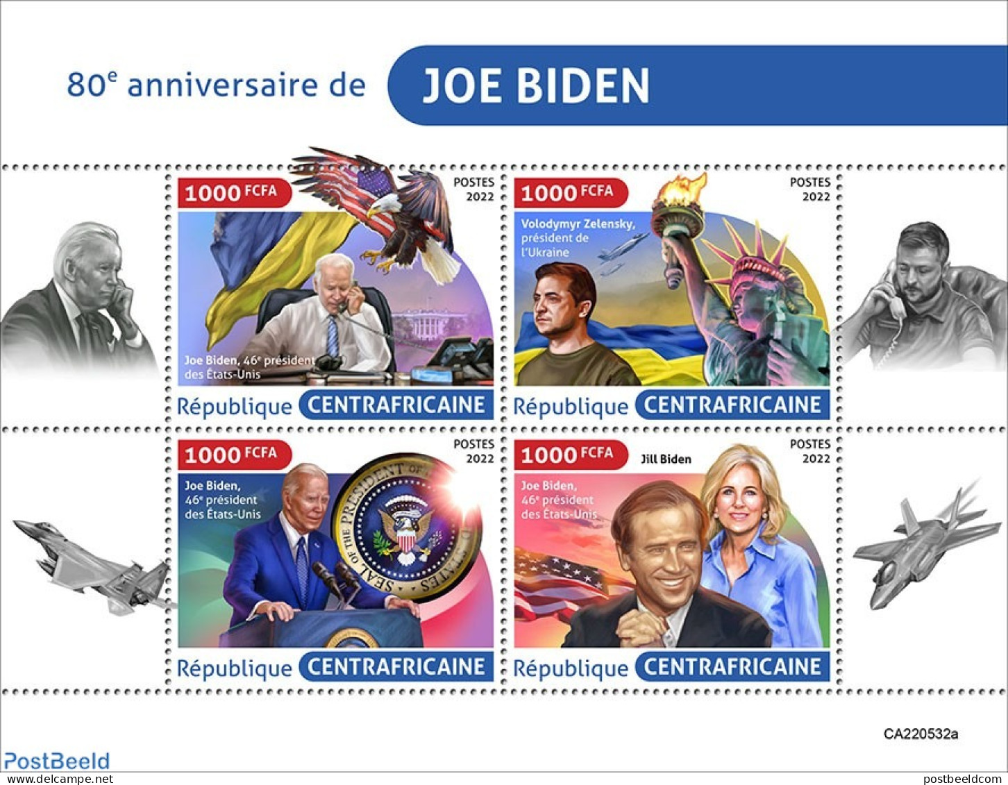 Central Africa 2022 80th Anniversary Of Joe Biden, Mint NH, History - Nature - Transport - American Presidents - Birds.. - Airplanes