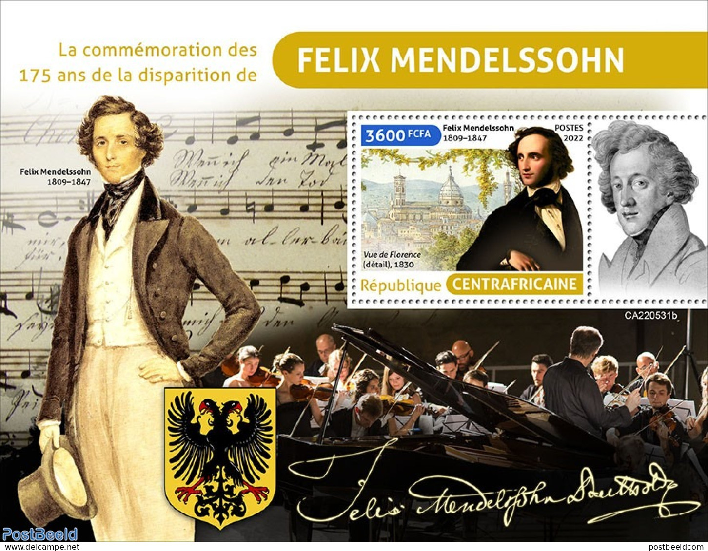 Central Africa 2022 175th Memorial Anniversary Of Felix Mendelssohn, Mint NH, Performance Art - Music - Art - Composers - Muziek