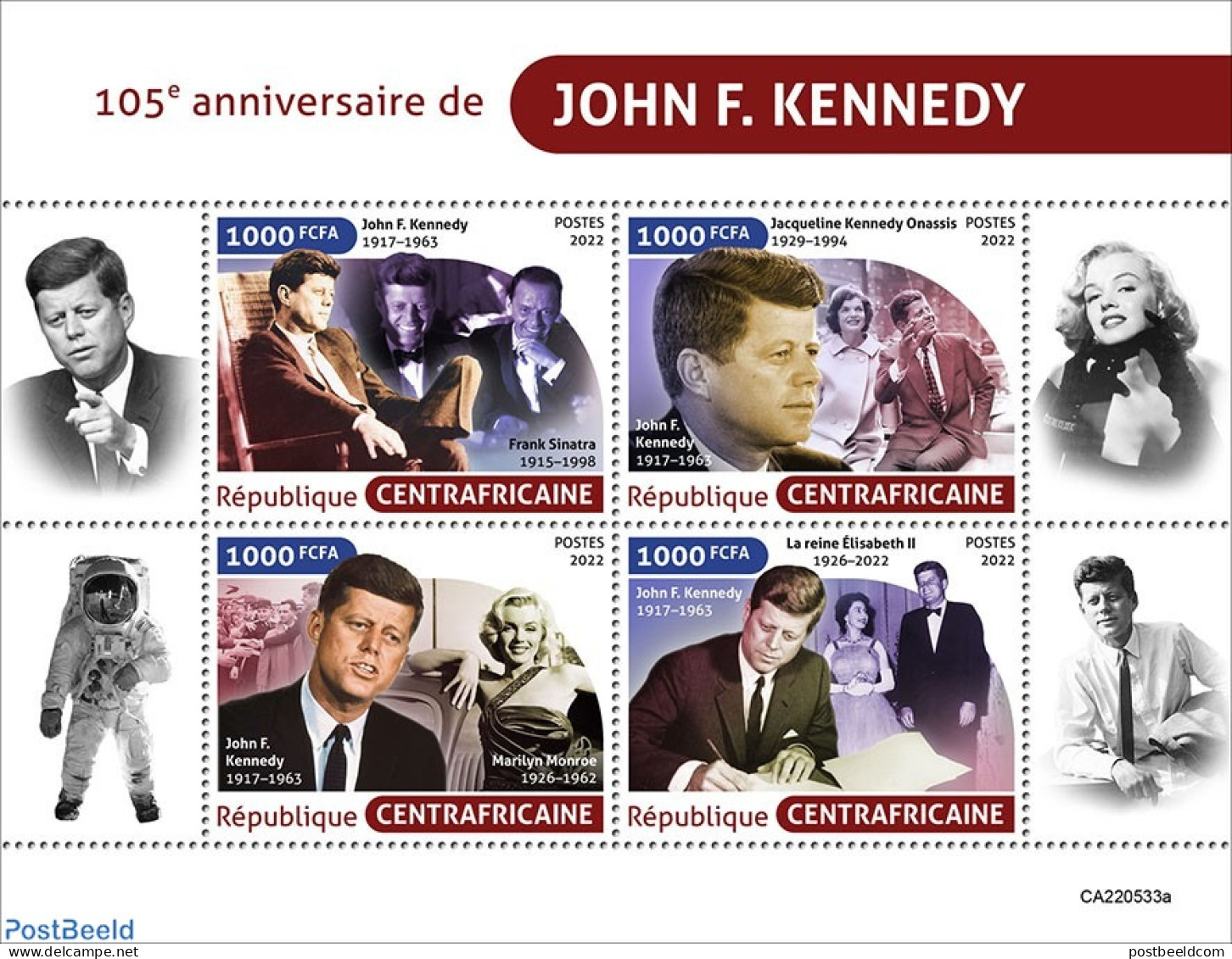 Central Africa 2022 105th Anniversary Of John F. Kennedy, Mint NH, History - Transport - American Presidents - Kings &.. - Familles Royales