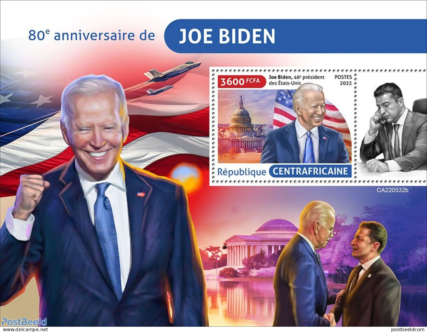Central Africa 2022 80th Anniversary Of Joe Biden, Mint NH, History - Transport - American Presidents - Flags - Aircra.. - Airplanes