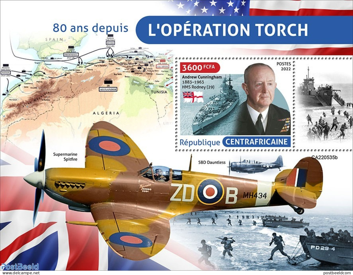 Central Africa 2022 80 Years Since The Operation Torch, Mint NH, History - Transport - World War II - Aircraft & Aviat.. - 2. Weltkrieg