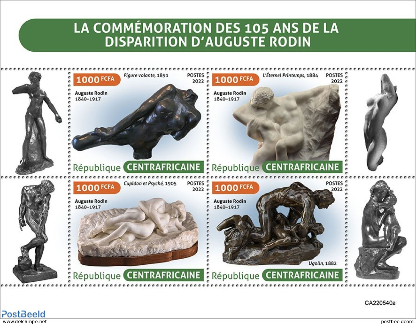 Central Africa 2022 105th Memorial Anniversary Of Auguste Rodin, Mint NH, Art - Sculpture - Sculpture