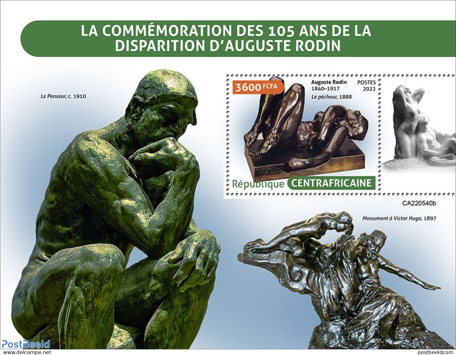 Central Africa 2022 105th Memorial Anniversary Of Auguste Rodin, Mint NH, Art - Sculpture - Beeldhouwkunst