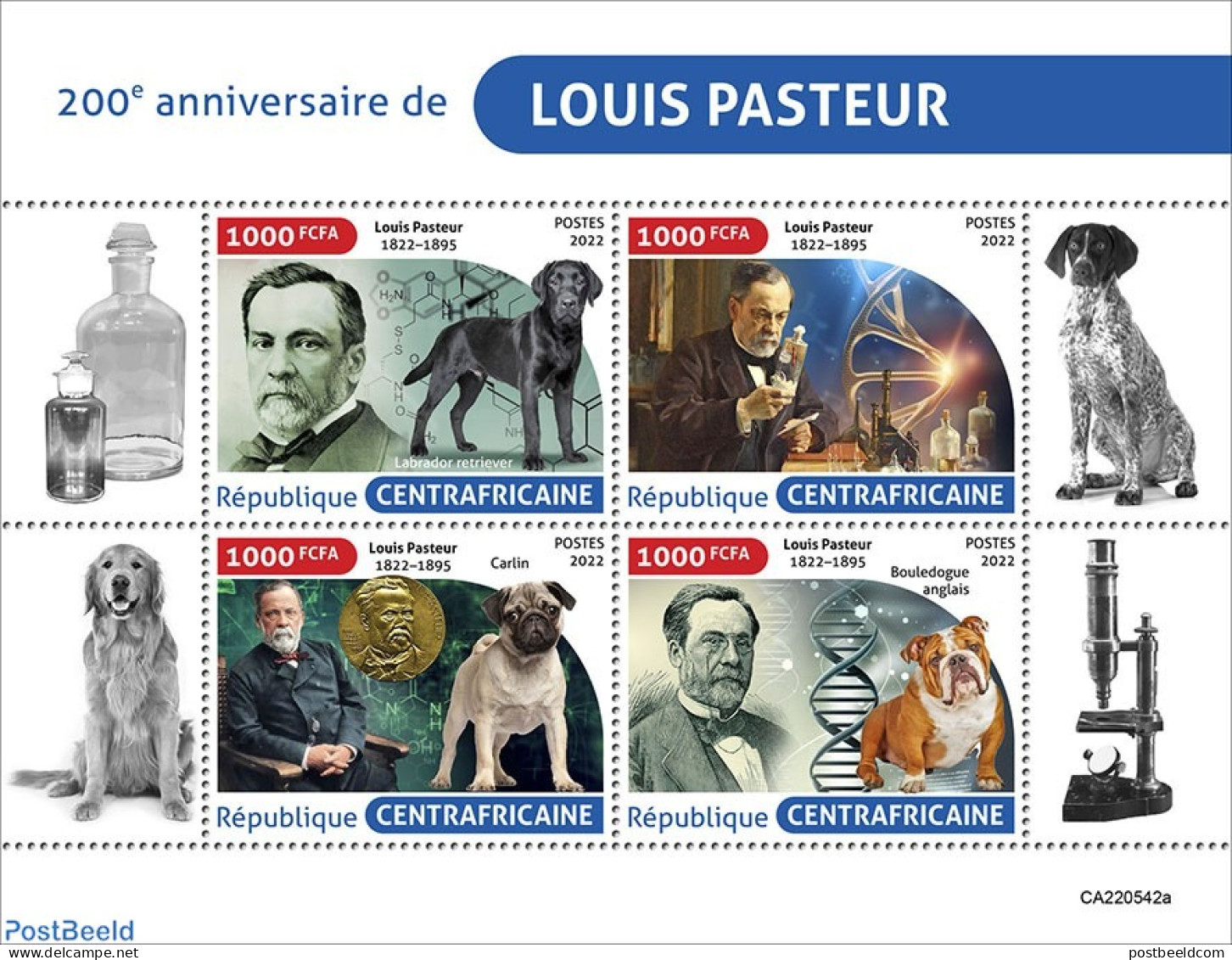 Central Africa 2022 200th Anniversary Of Louis Pasteur, Mint NH, Health - Nature - Science - Health - Dogs - Zentralafrik. Republik