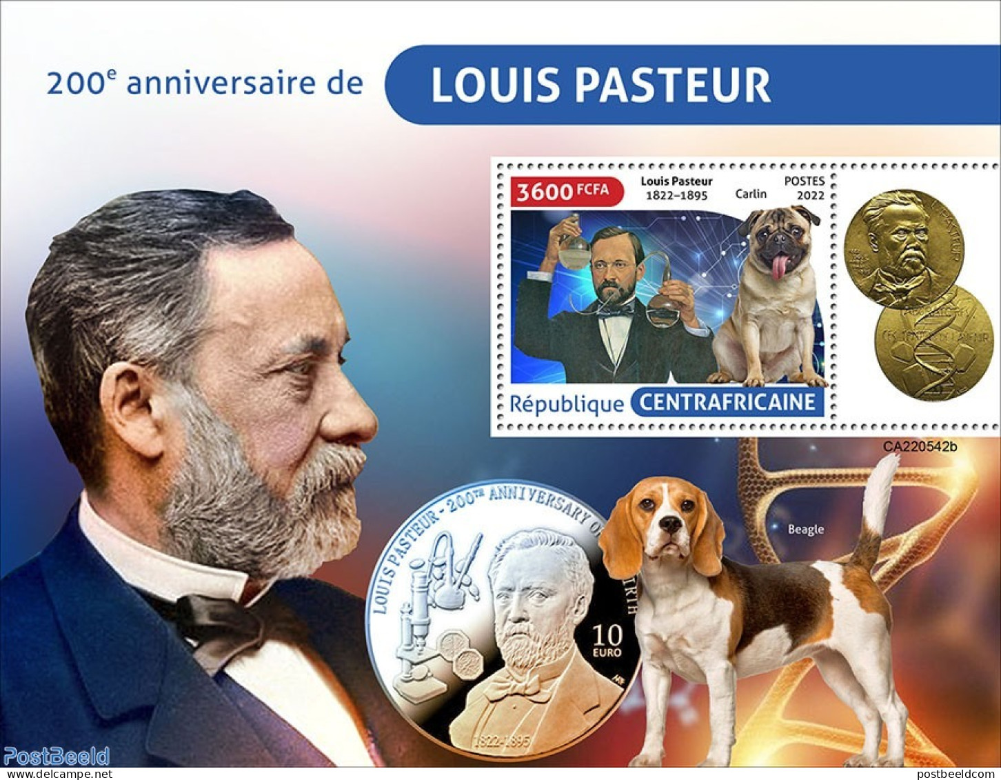Central Africa 2022 200th Anniversary Of Louis Pasteur, Mint NH, Health - Nature - Science - Various - Dogs - Money On.. - Monete