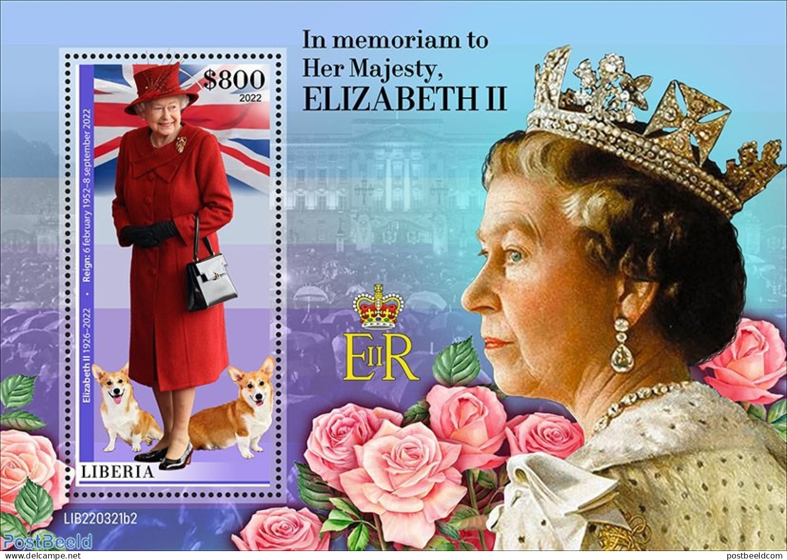 Liberia 2022 In Memory To Her Majesty Elizabeth II, Mint NH, History - Nature - Kings & Queens (Royalty) - Dogs - Königshäuser, Adel