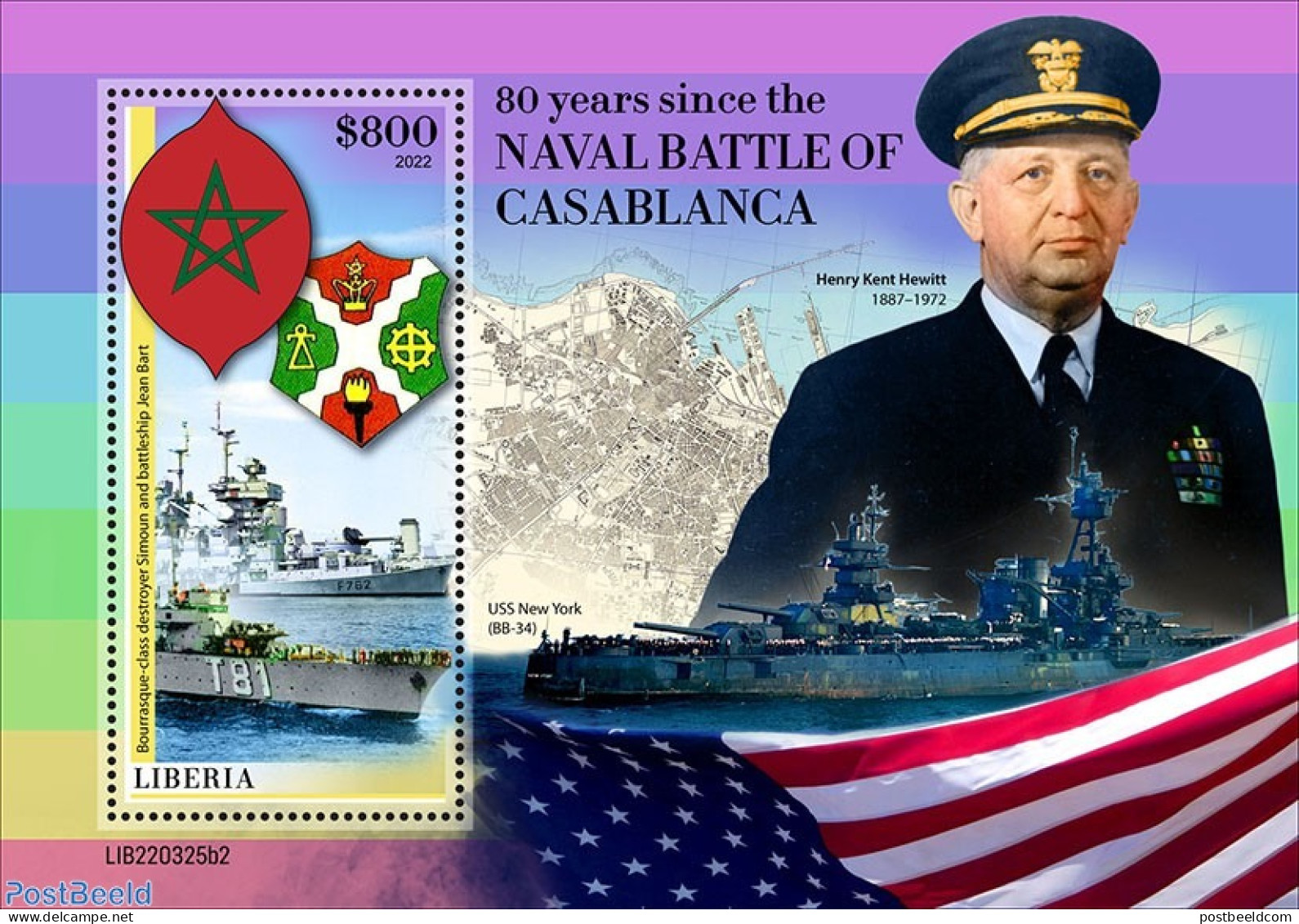 Liberia 2022 80 Years Since The Battle Of Casablanca, Mint NH, History - Transport - Flags - World War II - Ships And .. - Guerre Mondiale (Seconde)