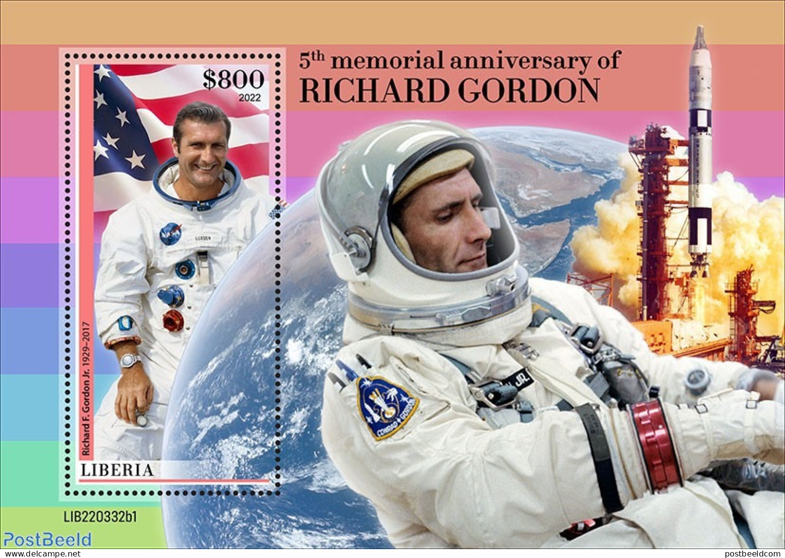 Liberia 2022 5th Memorial Anniversary Of Richard Gordon, Mint NH, History - Transport - Flags - Space Exploration - Other & Unclassified