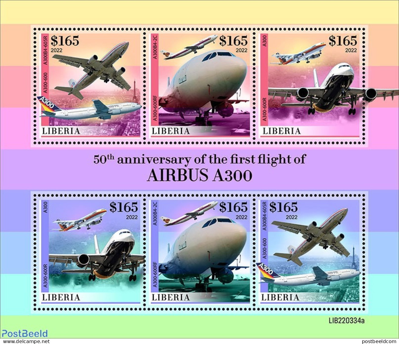 Liberia 2022 50th Anniversary Of The First Flight Of The Airbus A300, Mint NH, Transport - Aircraft & Aviation - Airplanes