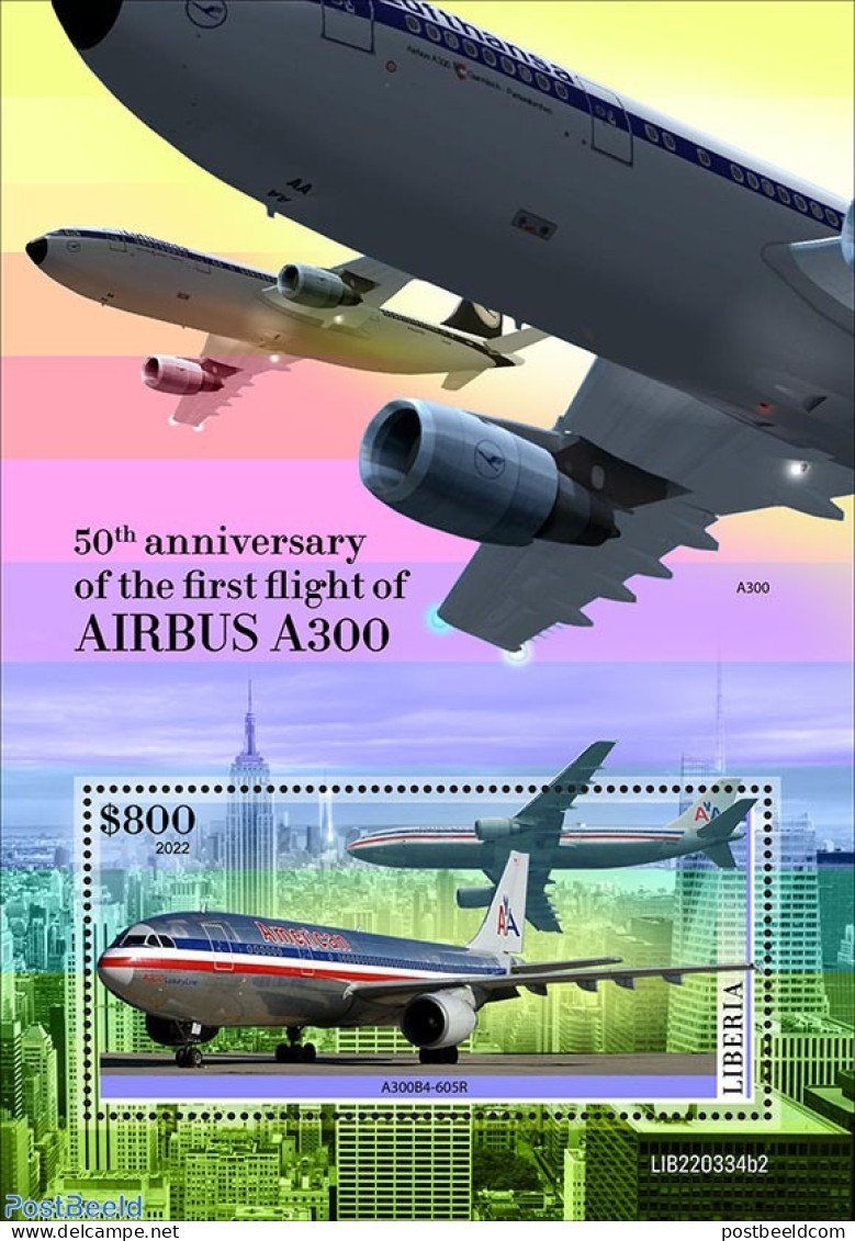 Liberia 2022 50th Anniversary Of The First Flight Of The Airbus A300, Mint NH, Transport - Aircraft & Aviation - Avions