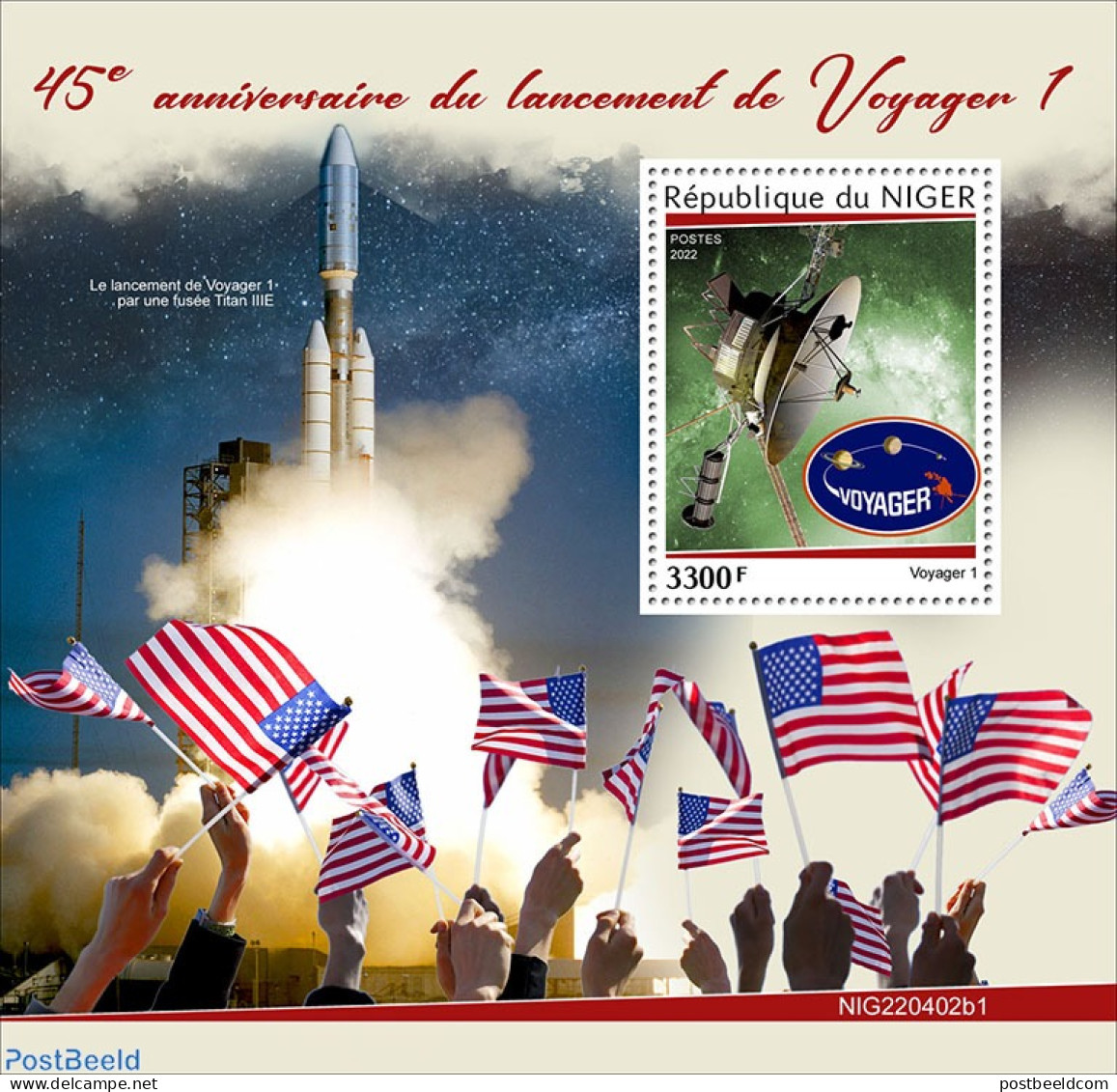 Niger 2022 45th Anniversary Of The Launch Of Voyager 1, Mint NH, History - Transport - Flags - Space Exploration - Níger (1960-...)