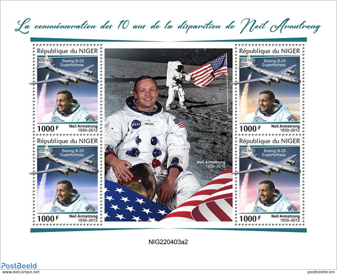 Niger 2022 10th Memorial Anniversary Of Neil Armstrong , Mint NH, History - Transport - Flags - Aircraft & Aviation - Airplanes
