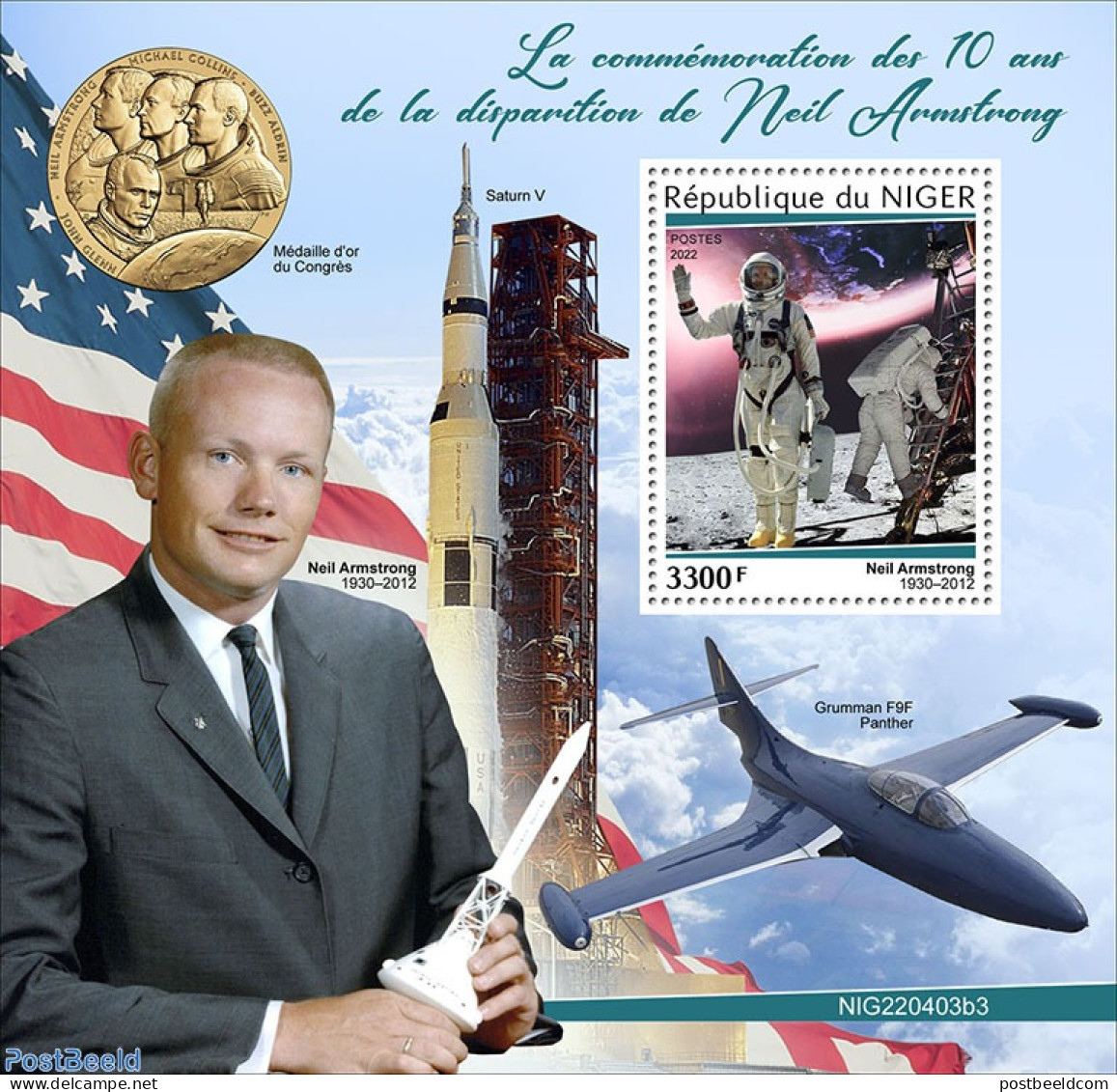 Niger 2022 10th Memorial Anniversary Of Neil Armstrong , Mint NH, Transport - Aircraft & Aviation - Space Exploration - Airplanes