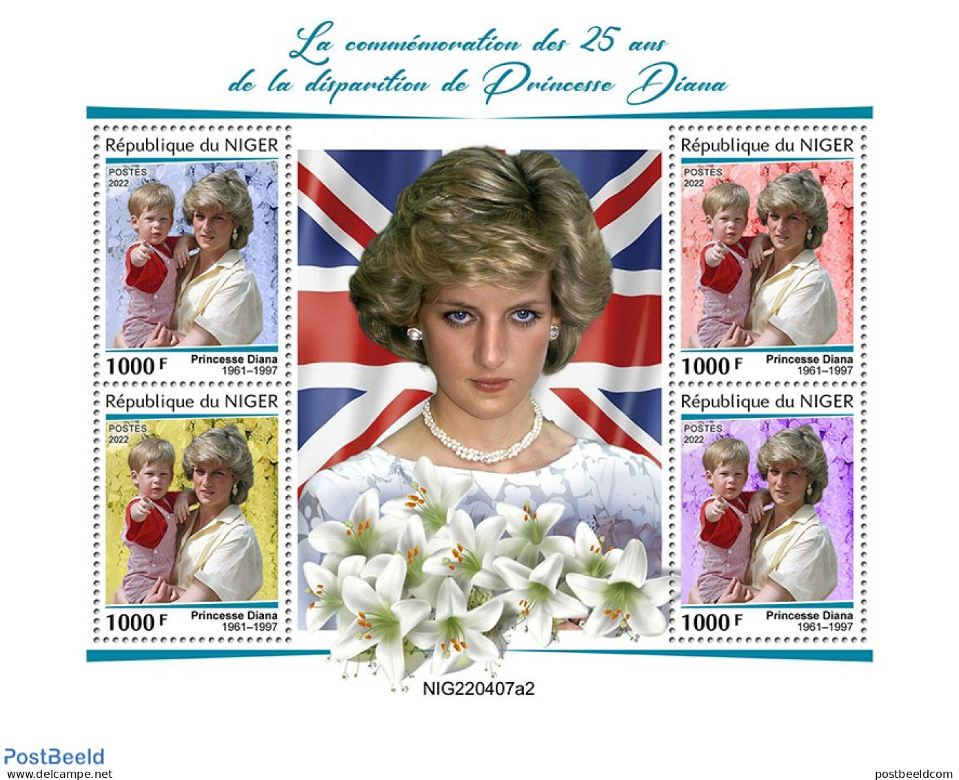 Niger 2022 25th Memorial Anniversary Of Princess Diana, Mint NH, History - Charles & Diana - Königshäuser, Adel