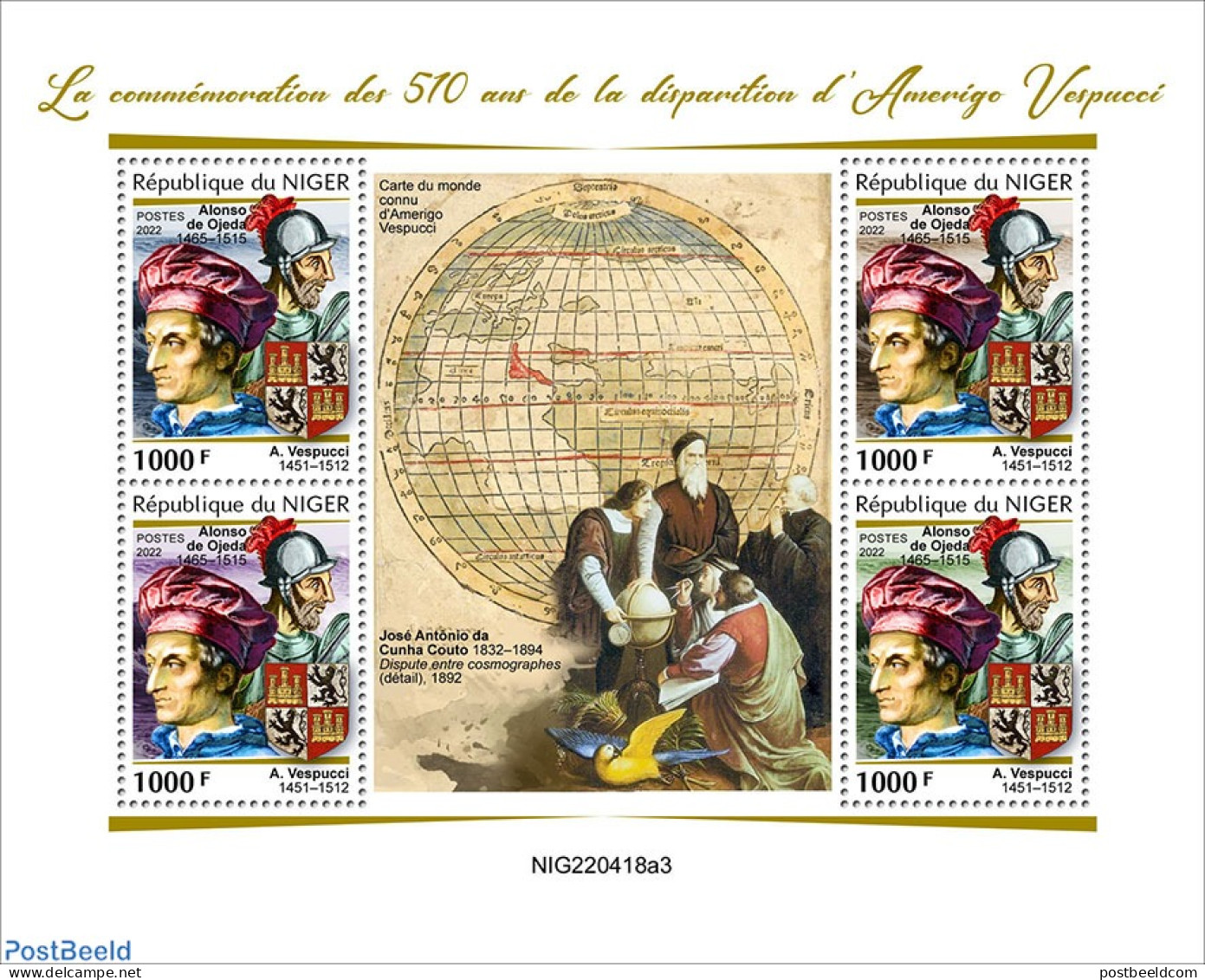 Niger 2022 510th Memorial Anniversary Of Amerigo Vespucci, Mint NH, History - Various - Explorers - Globes - Erforscher